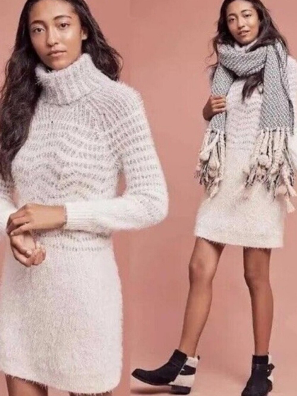 Cozy Two-Tone Ivory & Light Gray Turtleneck Dress